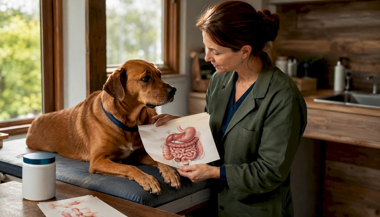 Tierärztin untersucht die Darmgesundheit eines Hundes