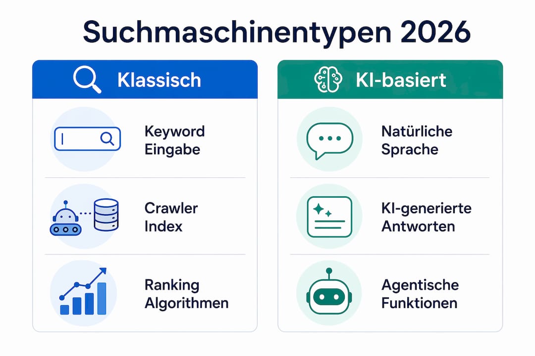 Infografik: Gegenüberstellung traditioneller Suchmaschinen und KI-basierter Suchdienste