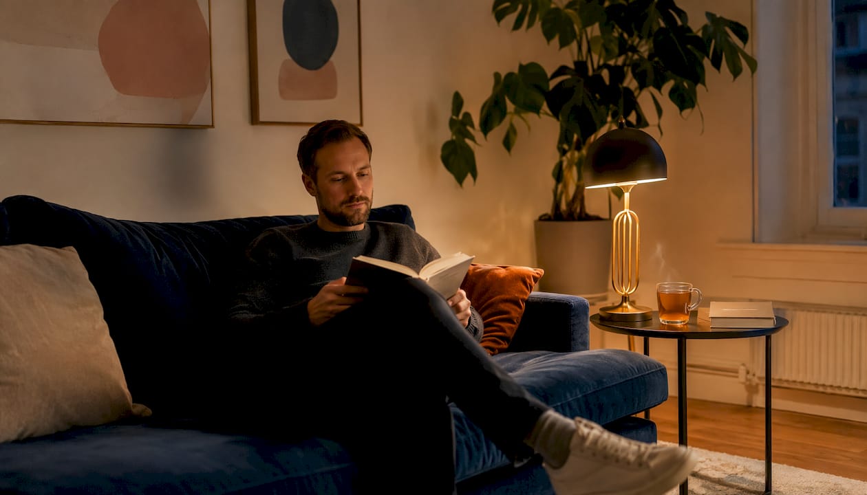 Ein Mann sitzt entspannt im Schein einer warmen Stehlampe und liest ein Buch.