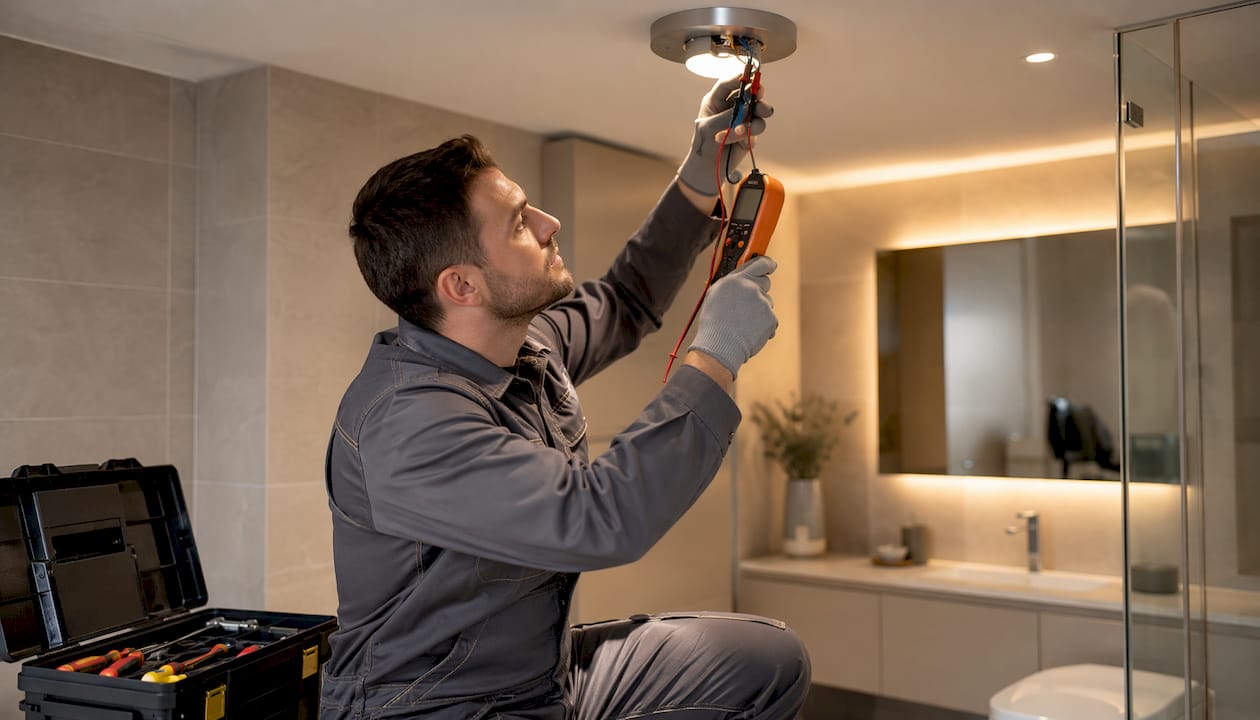 Ein Elektriker überprüft die Leitungen unter einer Deckenlampe.