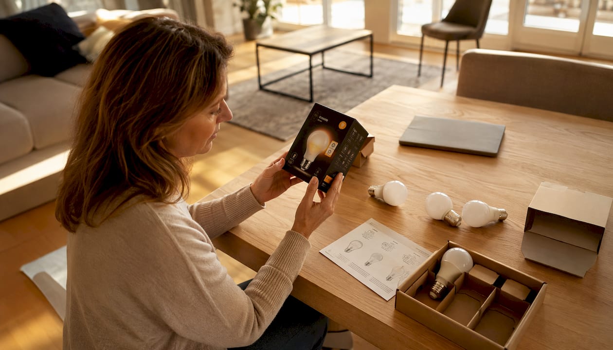 Eine Frau prüft die Verpackung einer LED-Lampe in ihrer Küche.