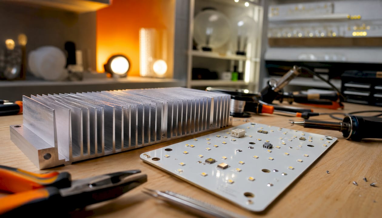 Detailansicht eines Aluminium-Kühlkörpers mit montierter LED-Platine