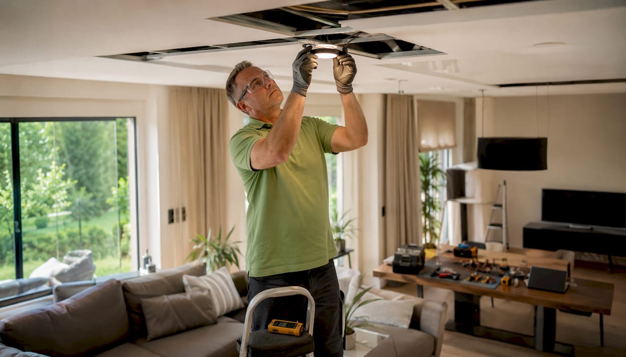 Ein Elektriker installiert eine LED-Deckenleuchte.
