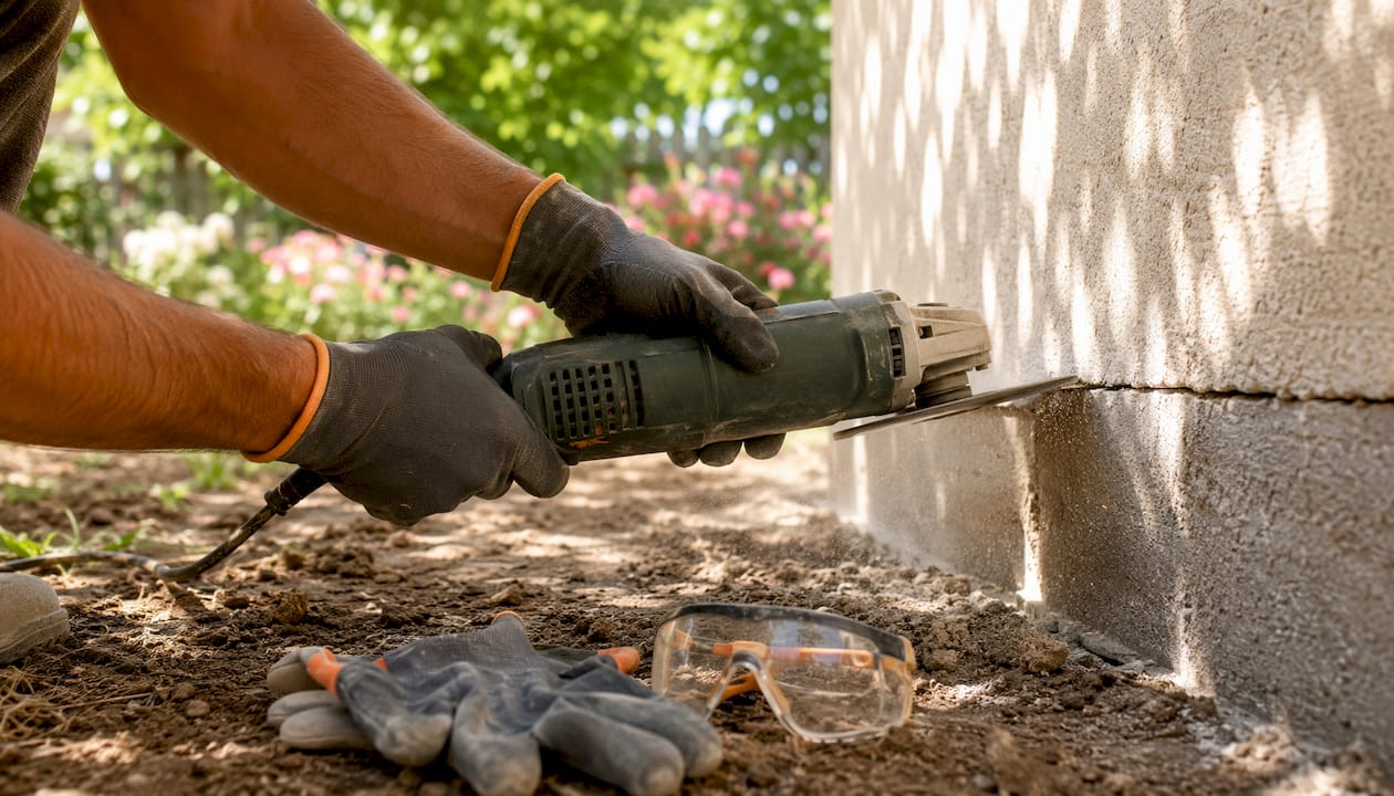 Vor dem Durchbruch wird der Putz an der Wand von Hand aufgeschnitten.