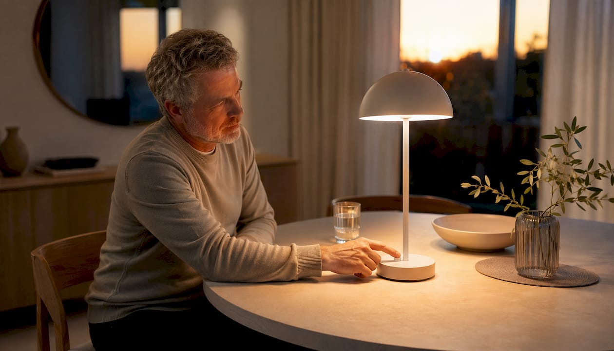 Ein Senior passt die Lichtfarbe seiner LED-Leselampe individuell an.
