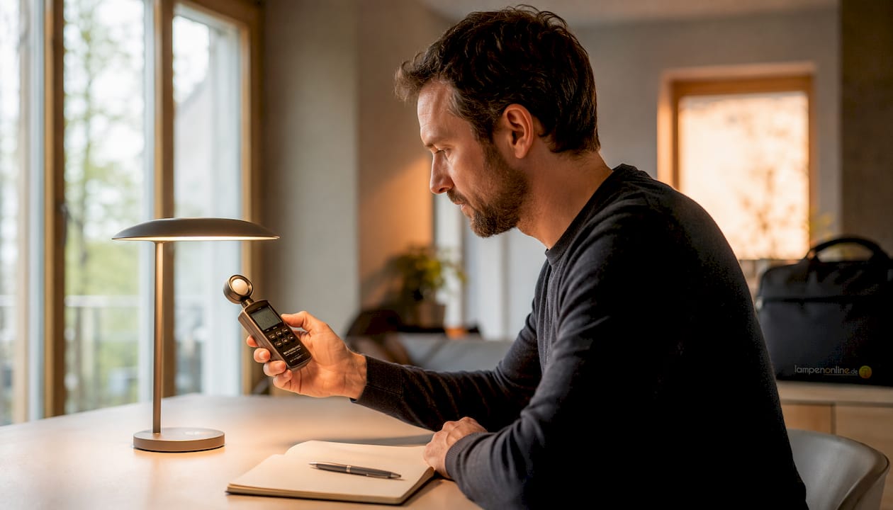 Ein Mitarbeiter prüft mit seinem Smartphone die Beleuchtungsstärke am Arbeitsplatz.