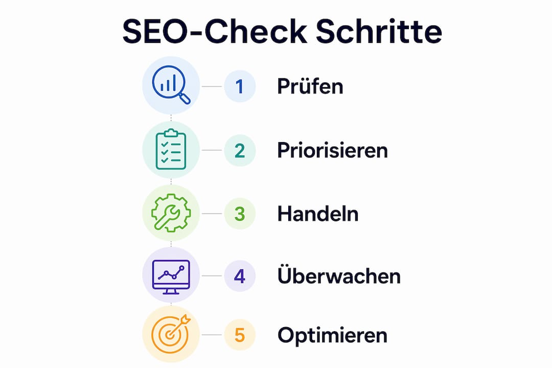 Übersichtsgrafik: Die fünf wichtigsten Schritte für einen erfolgreichen SEO-Check