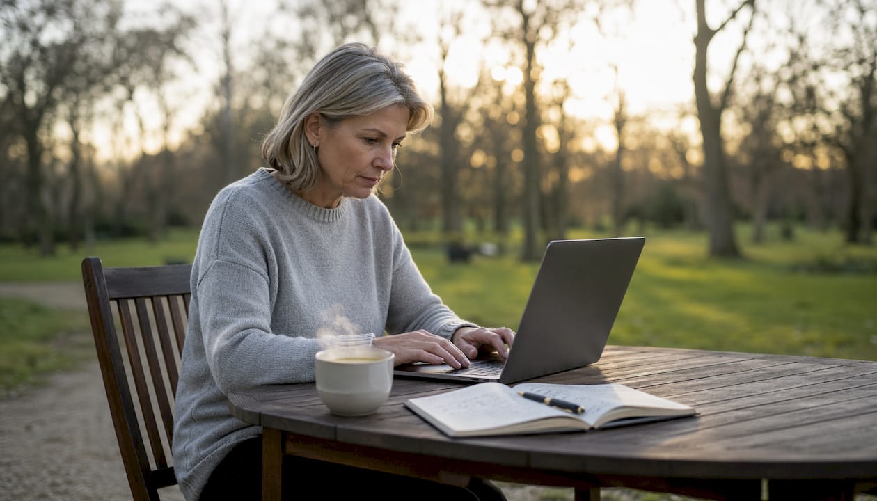 Im Café sitzt jemand und tippt Vorlagen für Prompts in seinen Laptop.