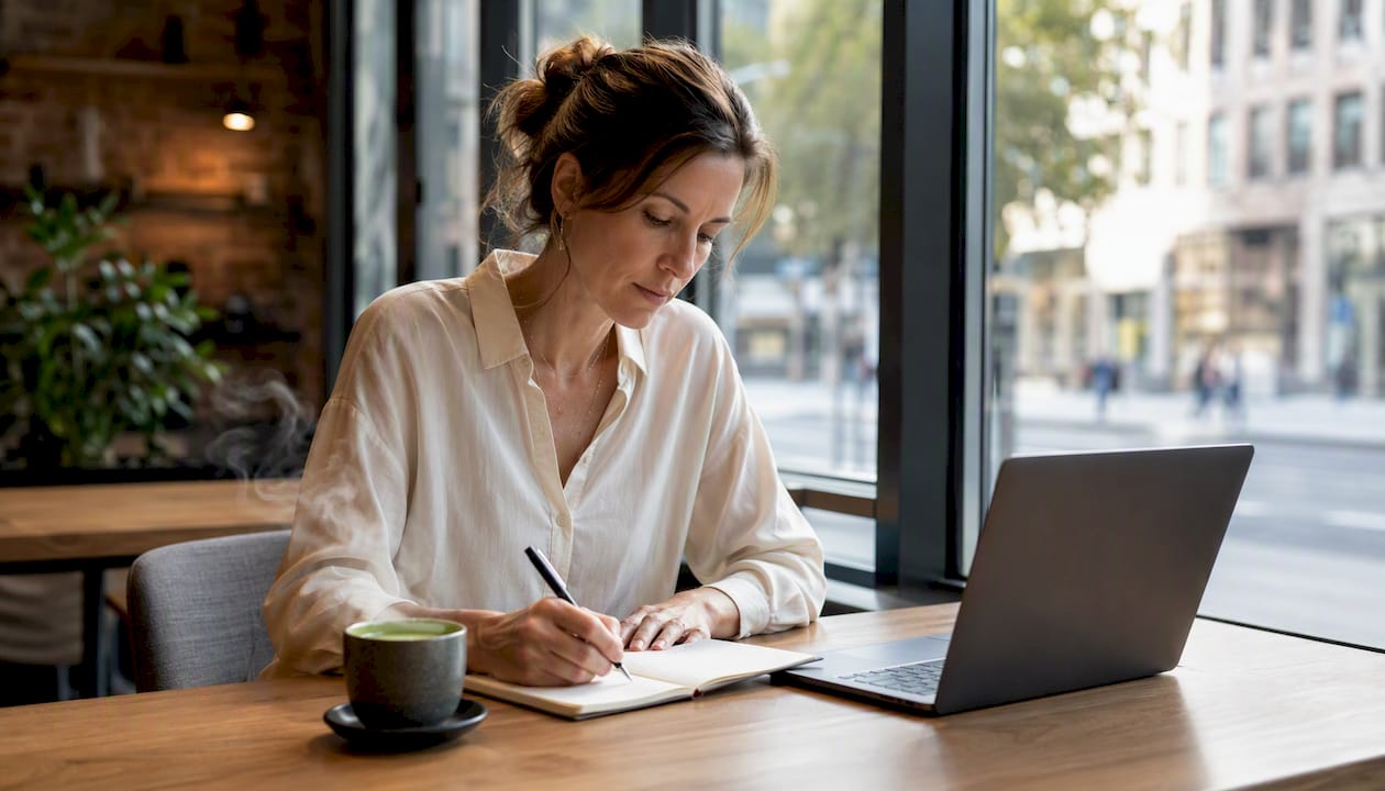 Eine Frau sitzt draußen im Café und macht sich Notizen.
