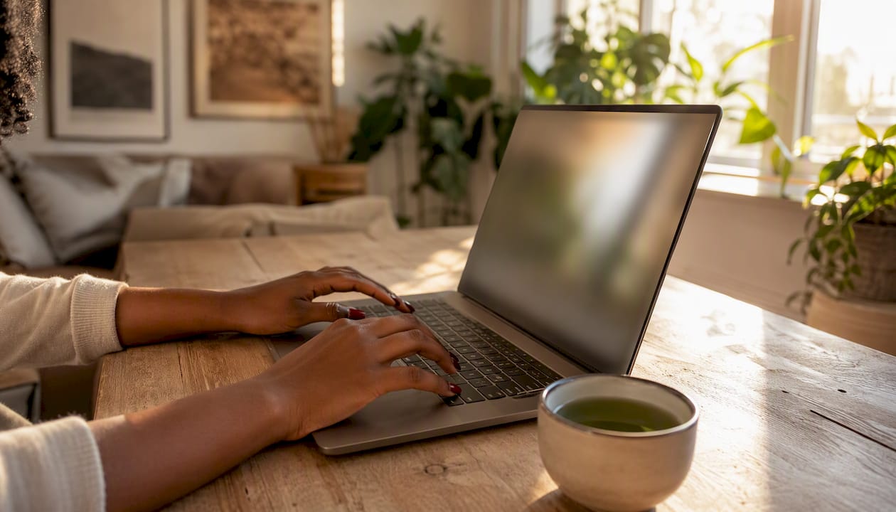 Jemand tippt KI-generierte Texte am Laptop ein