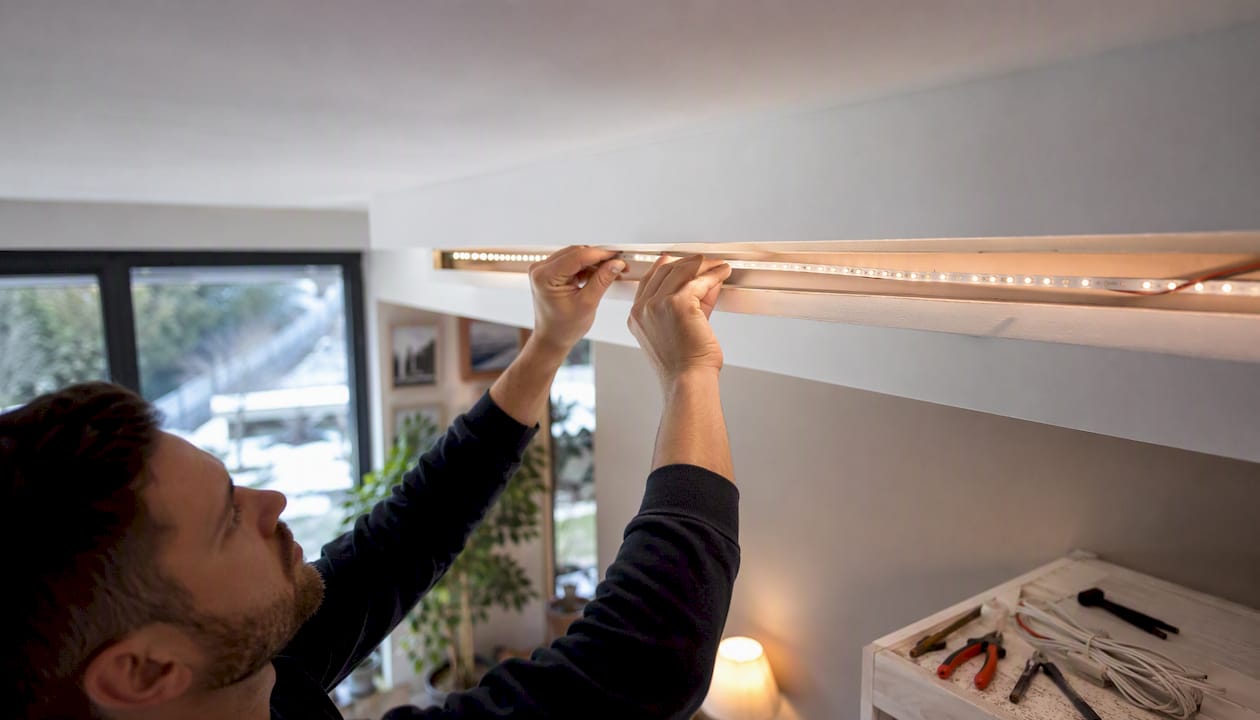 Ein Hobby-Heimwerker bringt LED-Beleuchtung an den Möbelkanten an.
