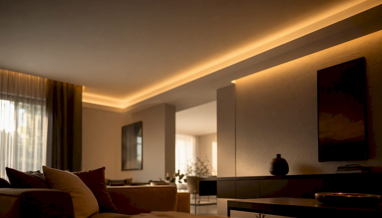 Gemütliches Wohnzimmer mit stilvoller, indirekter LED-Beleuchtung in der Decke