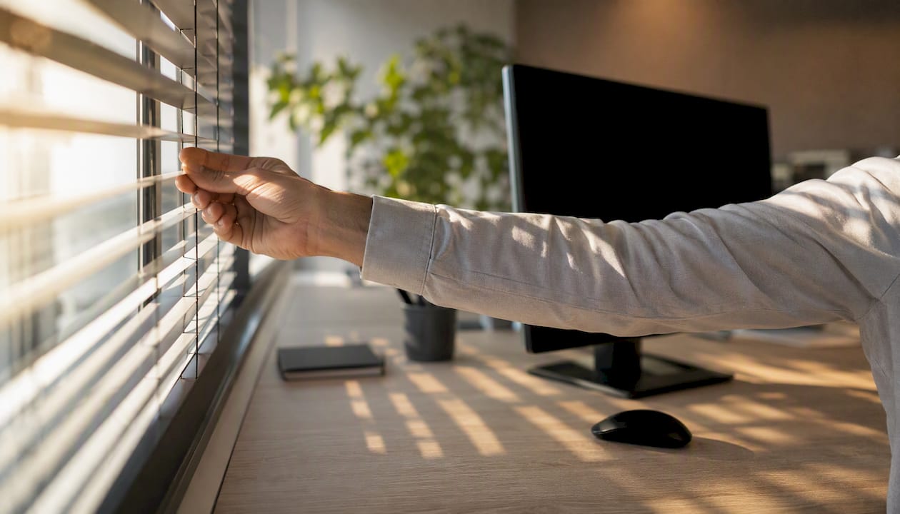 Mit der Hand werden im Büro die Jalousien eingestellt, um für mehr Privatsphäre zu sorgen.