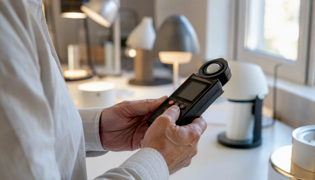 Mit einem Luxmeter wird die Beleuchtung am Arbeitsplatz gemessen.