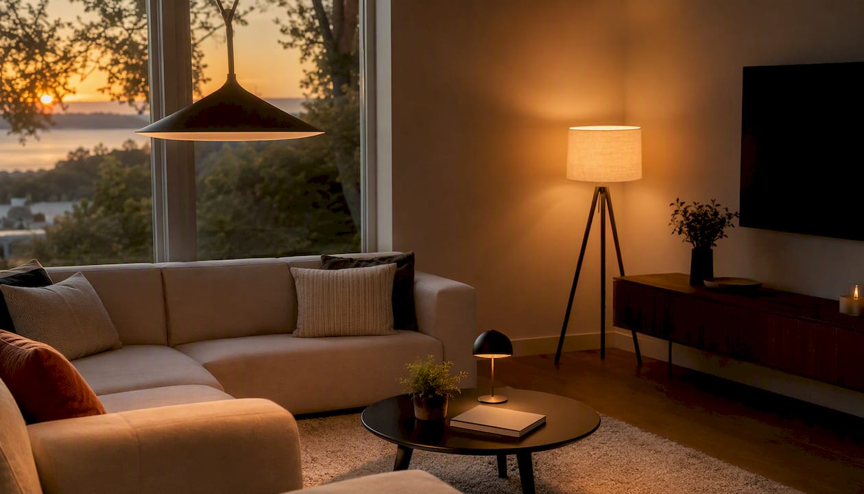 Wohnzimmer mit stimmungsvoller Grundbeleuchtung, zonalen Lichtbereichen und gezielten LED-Akzenten.
