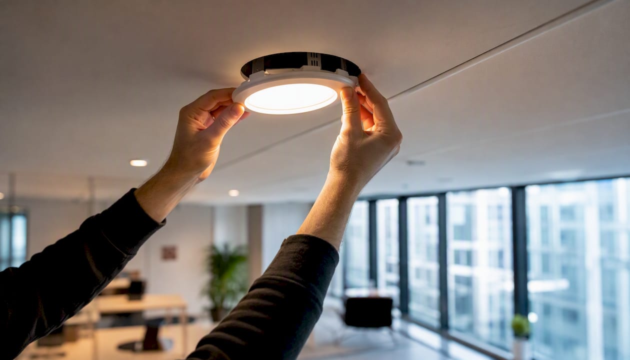Eine LED-Einbauleuchte wird im Büro fachgerecht montiert.