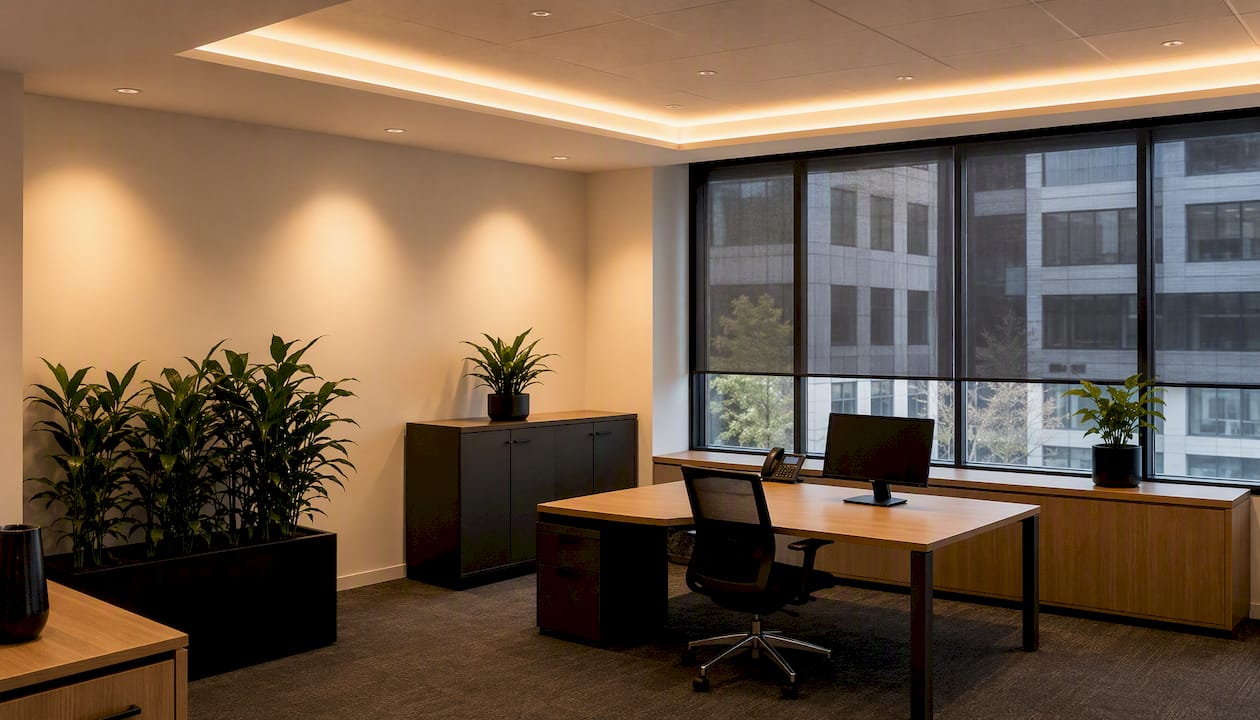 Ein modernes Büro mit stimmungsvoller LED-Beleuchtung für ein angenehmes Arbeitsumfeld.