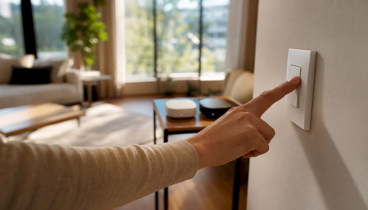 Eine Hand hält eine Fernbedienung und steuert damit verschiedene smarte Geräte im Zuhause.
