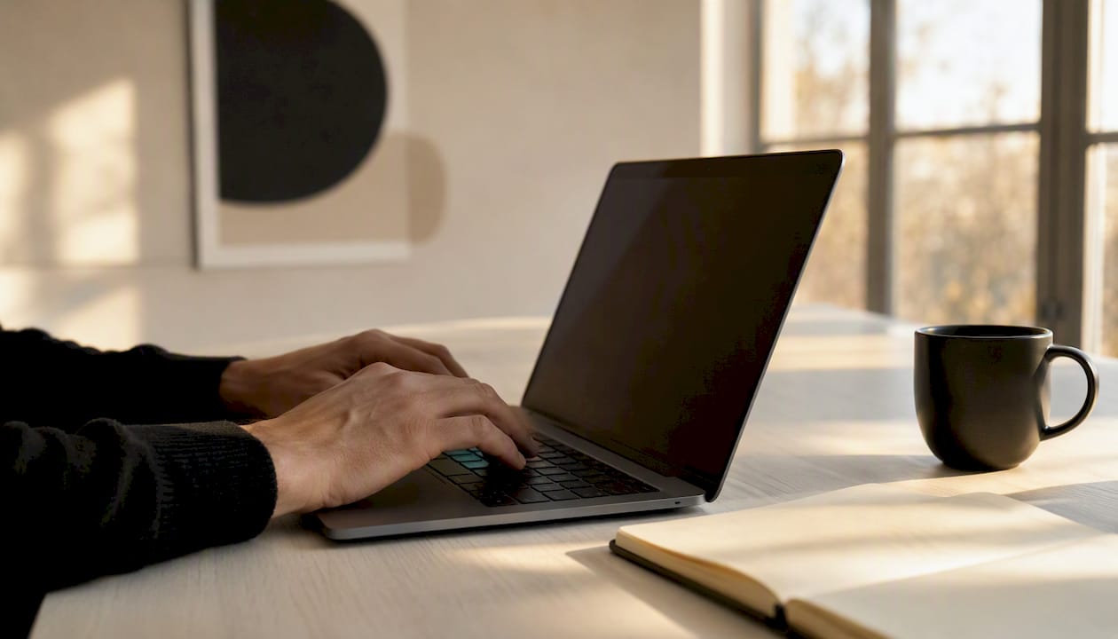 Hände tippen über die Laptop-Tastatur.