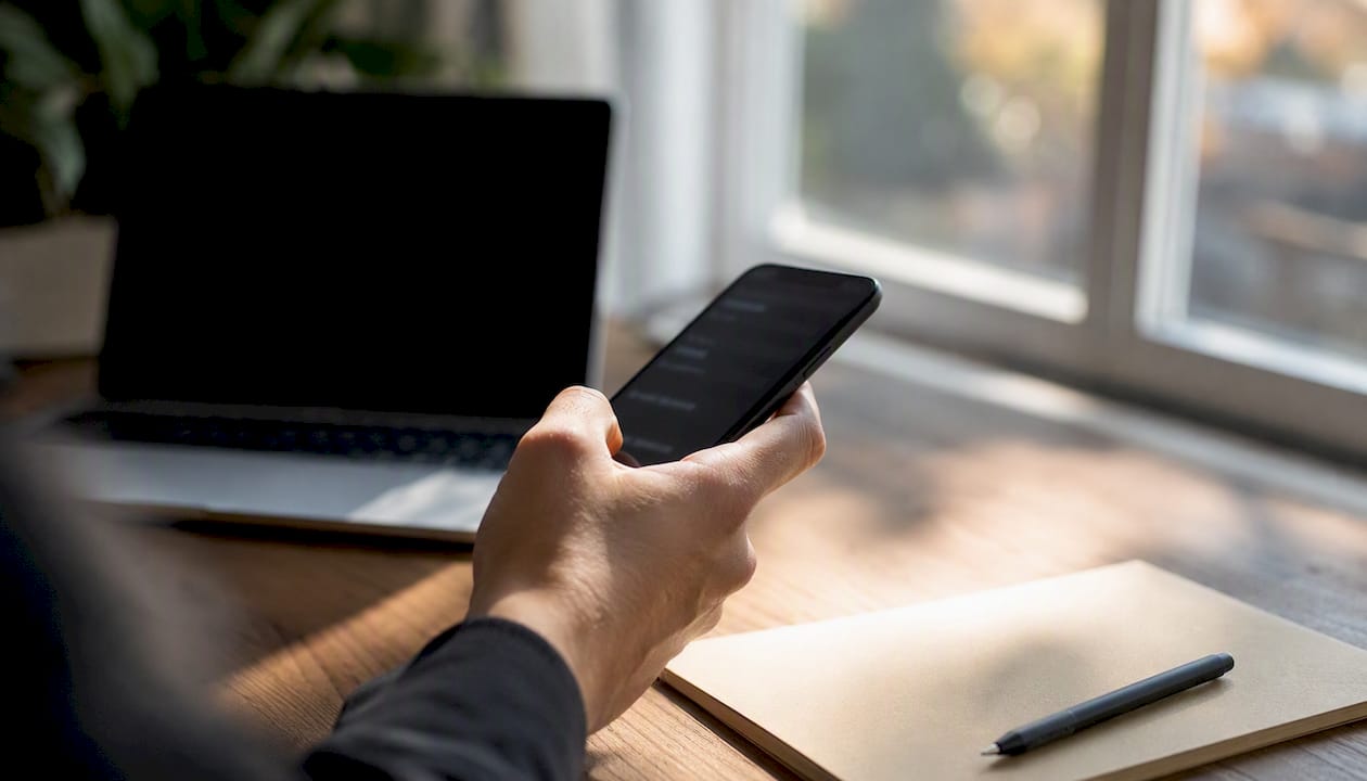 Eine Hand hält ein Smartphone, auf dessen Bildschirm unscharfe Keyword-Daten zu sehen sind.