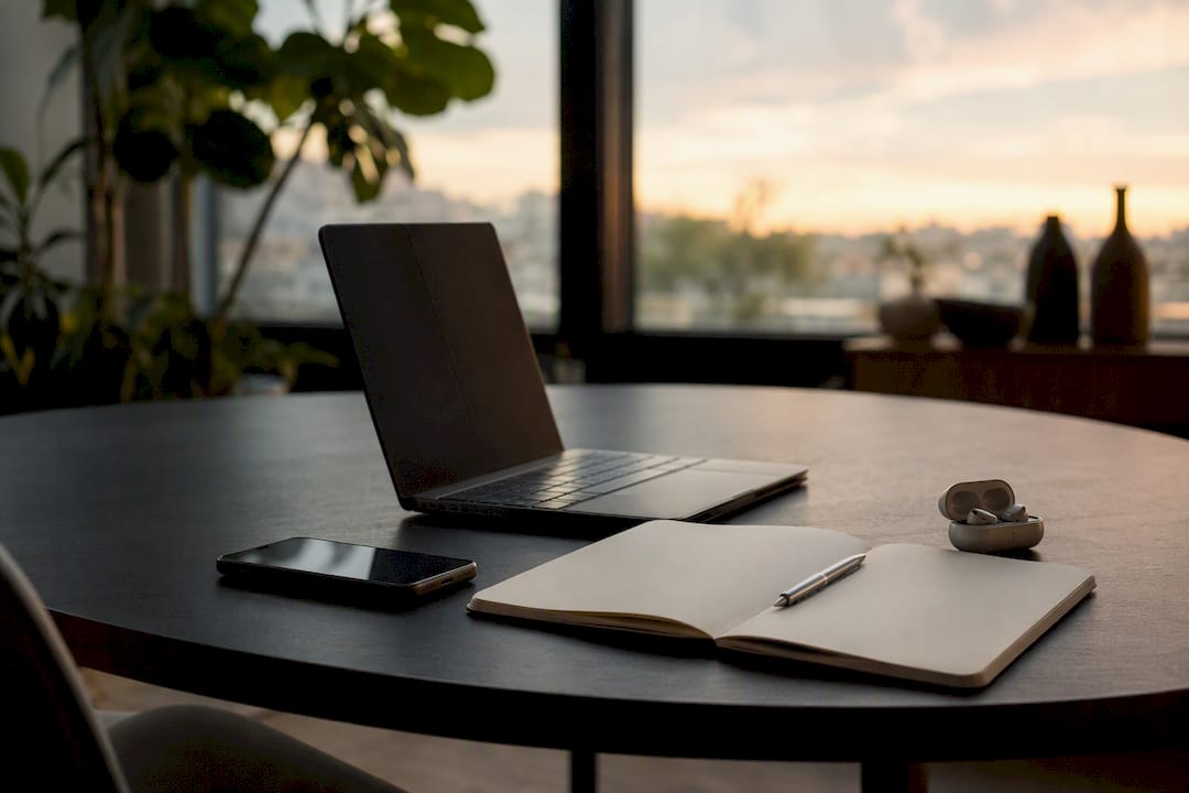 Verschiedene Tools für die digitale Marketingforschung übersichtlich auf dem Tisch angeordnet