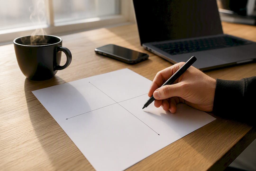 Mit dem Stift in der Hand, bereit, die Positionierung der Produkte im Matrixdiagramm festzulegen.