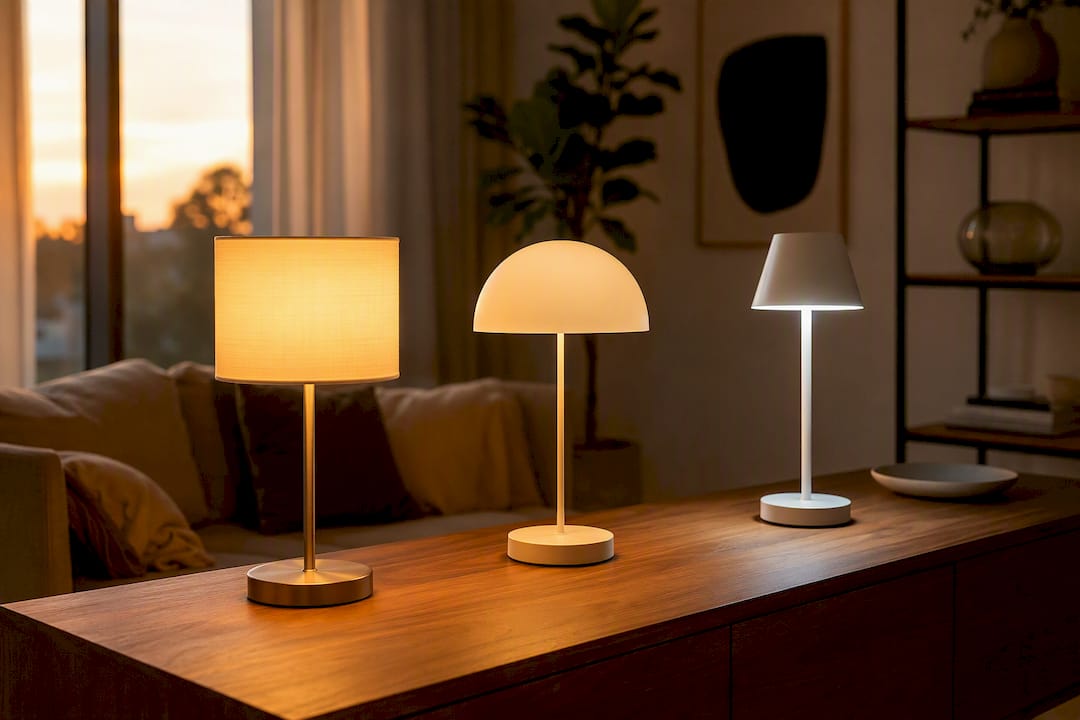 Drei Lampen, die unterschiedliche Lichtfarben von warmweiß bis kaltweiß zeigen