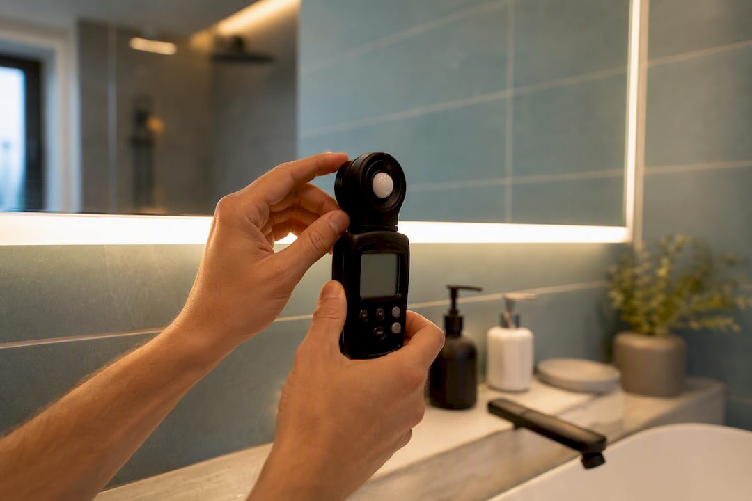 Luxmeter erfasst die Lichtintensität am Badezimmerspiegel