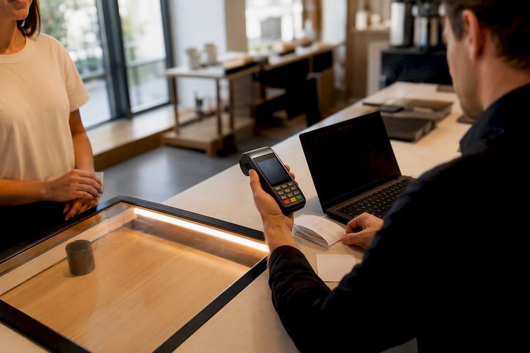Hand hält Kartenleser in der Nähe der Kasse