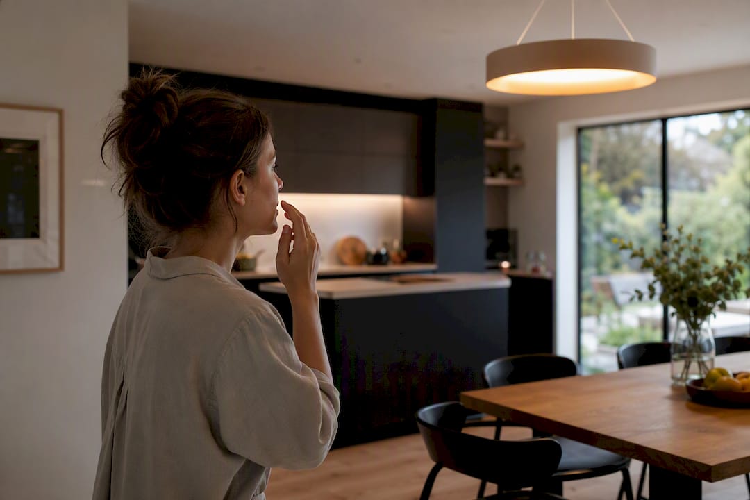 Hand macht eine Geste für Sprachsteuerung in der Nähe einer smarten Lampe