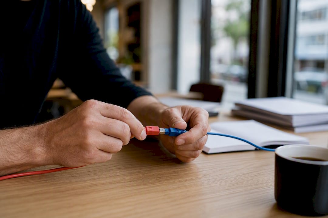 Hände, die Kabel verbinden und so Backlinks symbolisieren