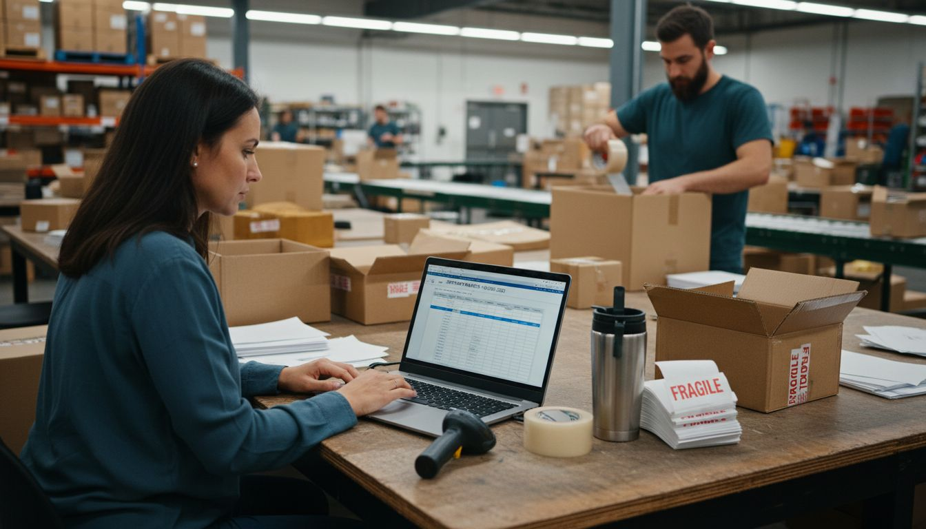 Worker configures shipment data at packing table