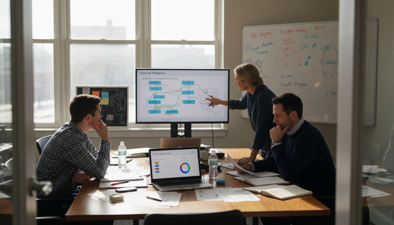 Retail team reviews analytics on meeting table