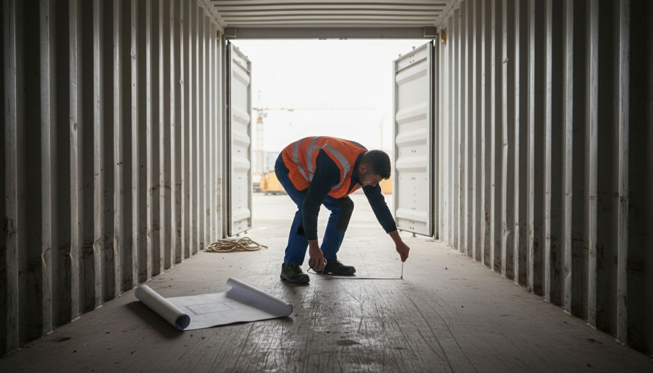 Een bouwvakker neemt de maten op van het interieur van een lege 20ft container.