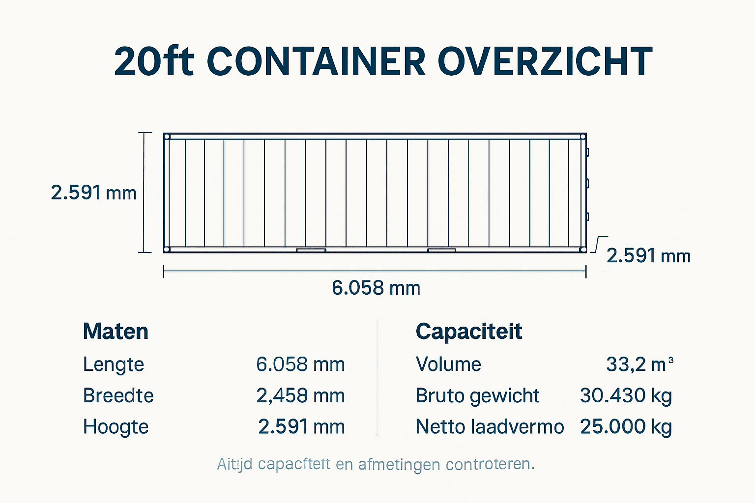 Overzichtelijke infographic met de afmetingen en het laadvermogen van een 20ft container
