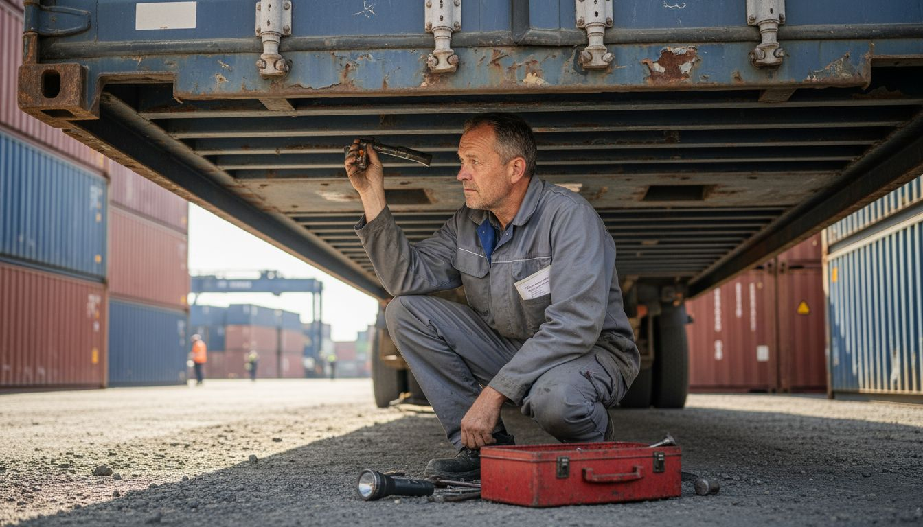 Een keurmeester inspecteert een gebruikte zeecontainer op eventuele gebreken.