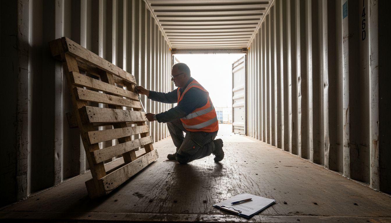 De voorman controleert de binnenruimte van een hoge container door deze op te meten.