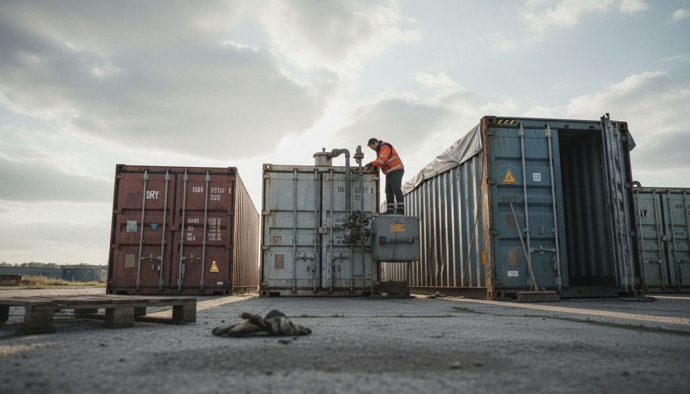 Op de bouwplaats staan verschillende soorten containers, ieder met een eigen functie.