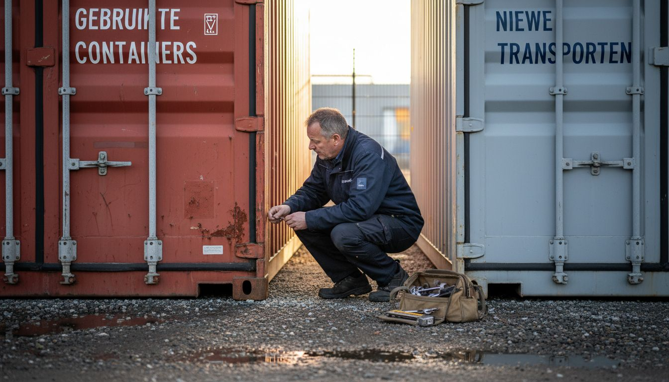 Een inspecteur controleert buiten zowel nieuwe als gebruikte containers.