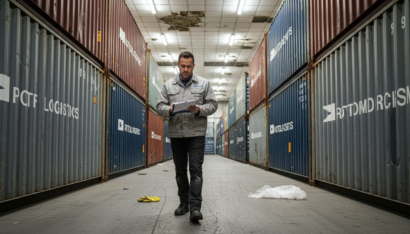 Voorman met een clipboard tussen de containers in een Rotterdams magazijn
