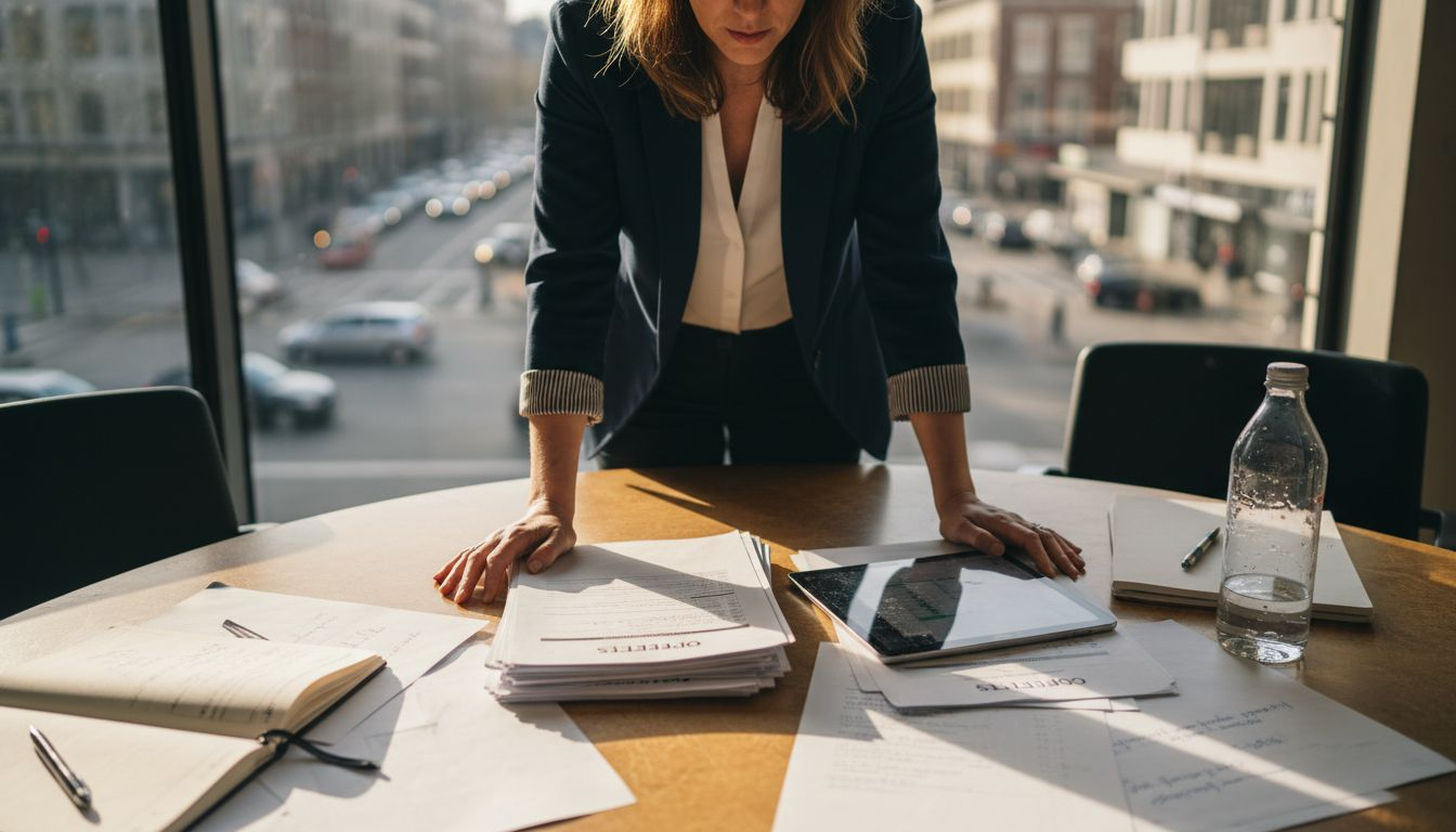 Vrouw bespreekt verschillende containerleveranciers tijdens overleg