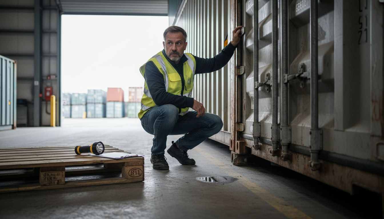 Een medewerker kijkt op het laadperron of de container in orde is.