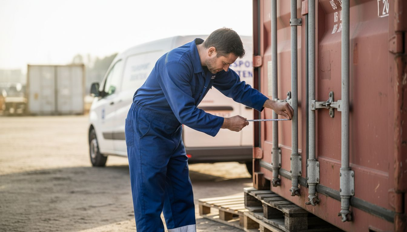 Een medewerker is bezig de breedte van een 20ft-container op te meten.