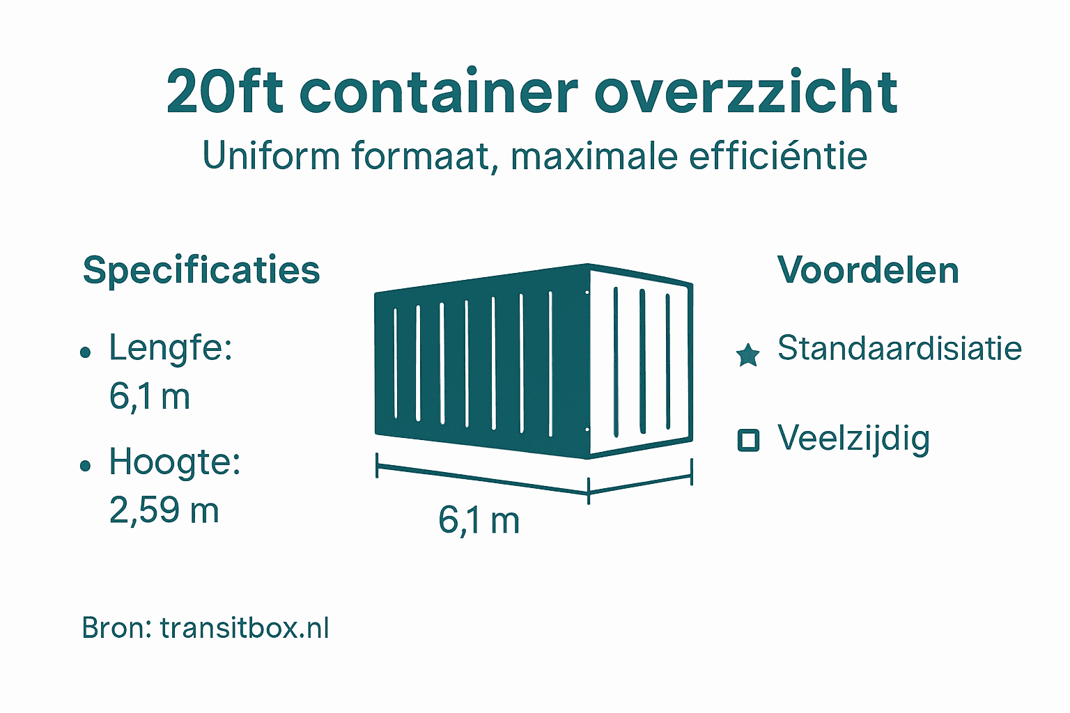 Overzichtelijke infographic met de kenmerken en voordelen van een 20ft container