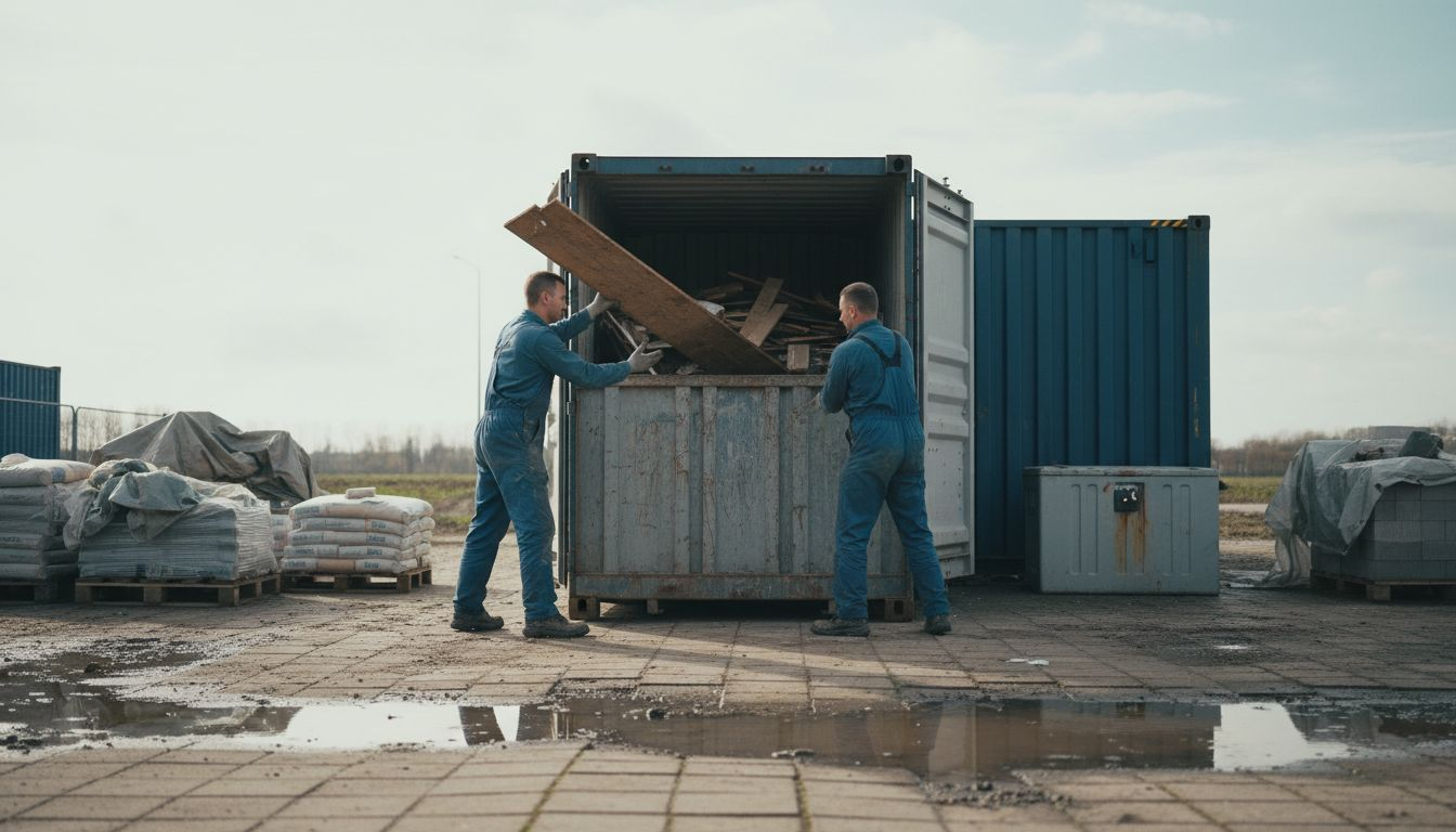 Op de bouwplaats zijn werknemers bezig het afval in de container te scheiden.