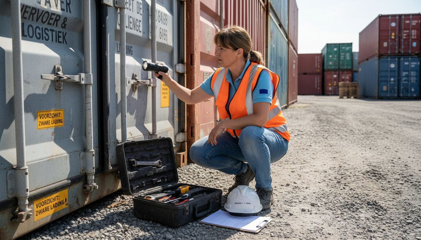 Een technicus controleert de containers op het terrein.