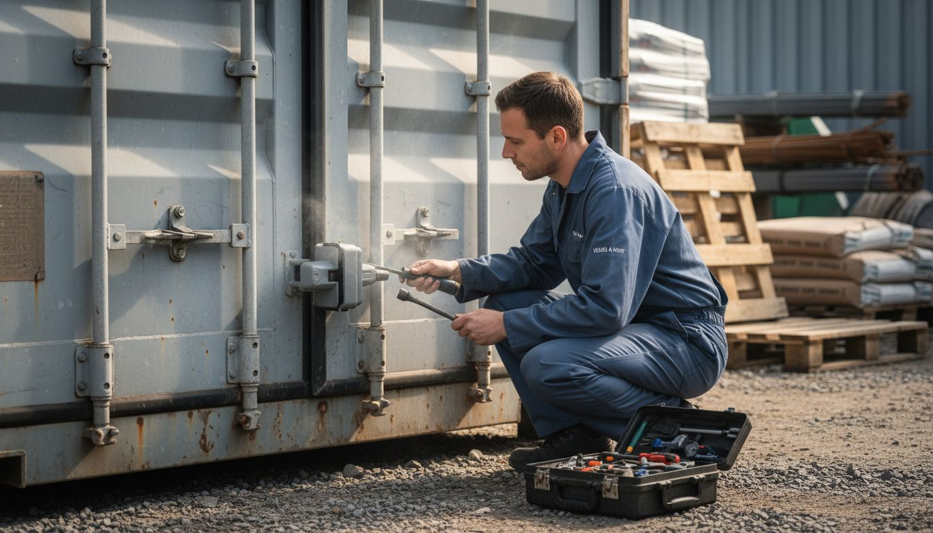 Monteur inspecteert de sloten van de bouwcontainer