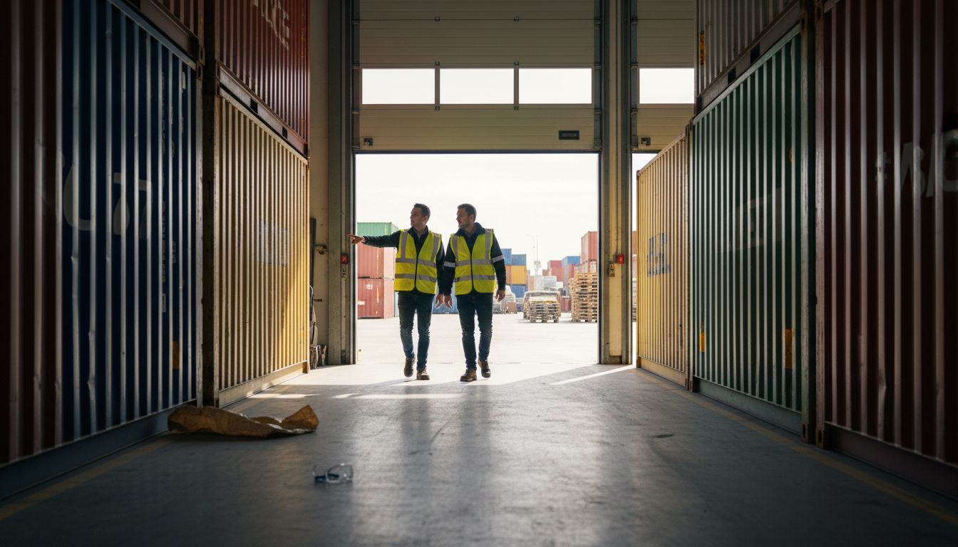Logistiek medewerkers aan het werk bij een rij containers