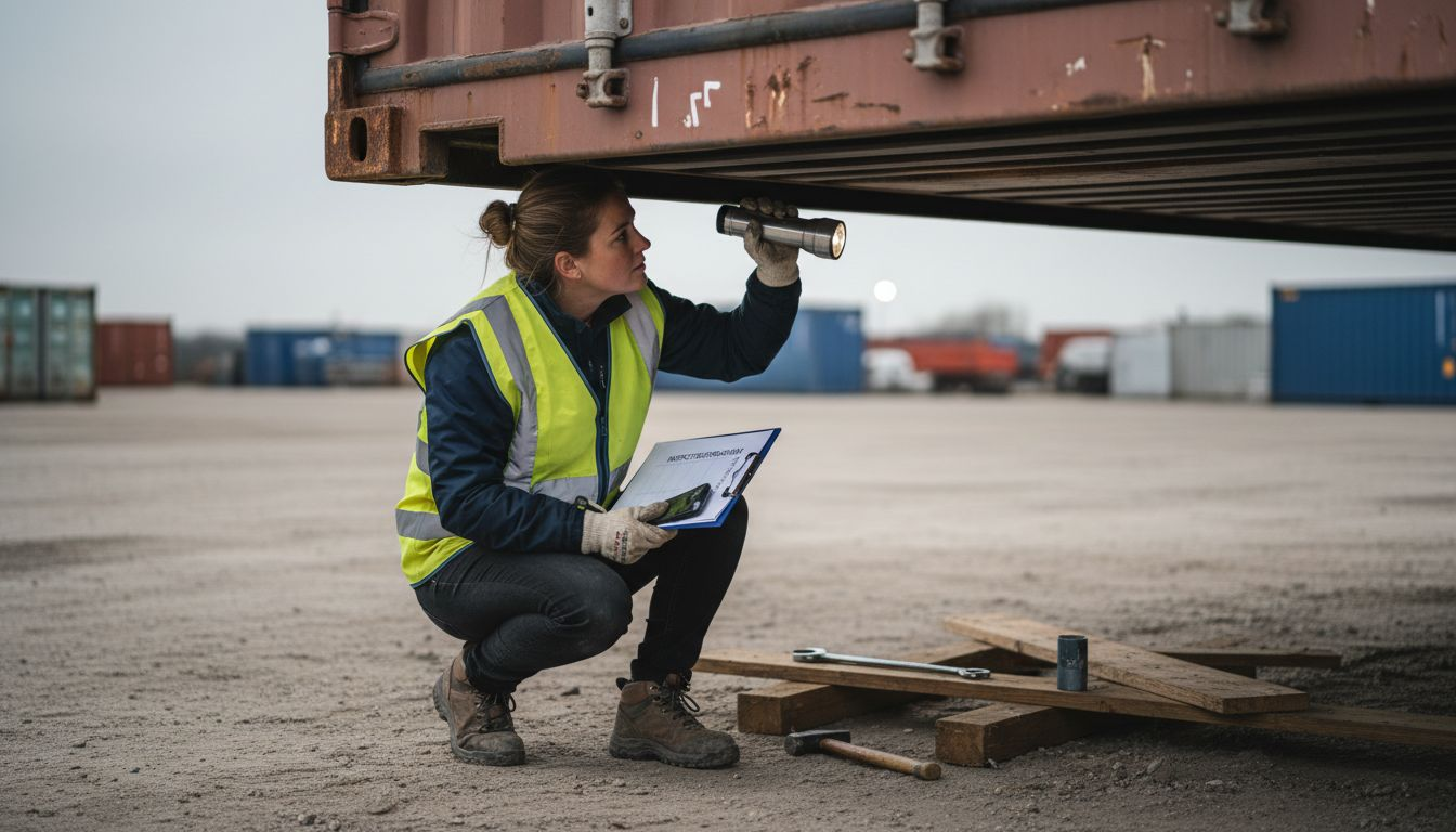 Een bouwinspecteur bekijkt een zeecontainer om te bepalen of deze geschikt is als werkplaats.