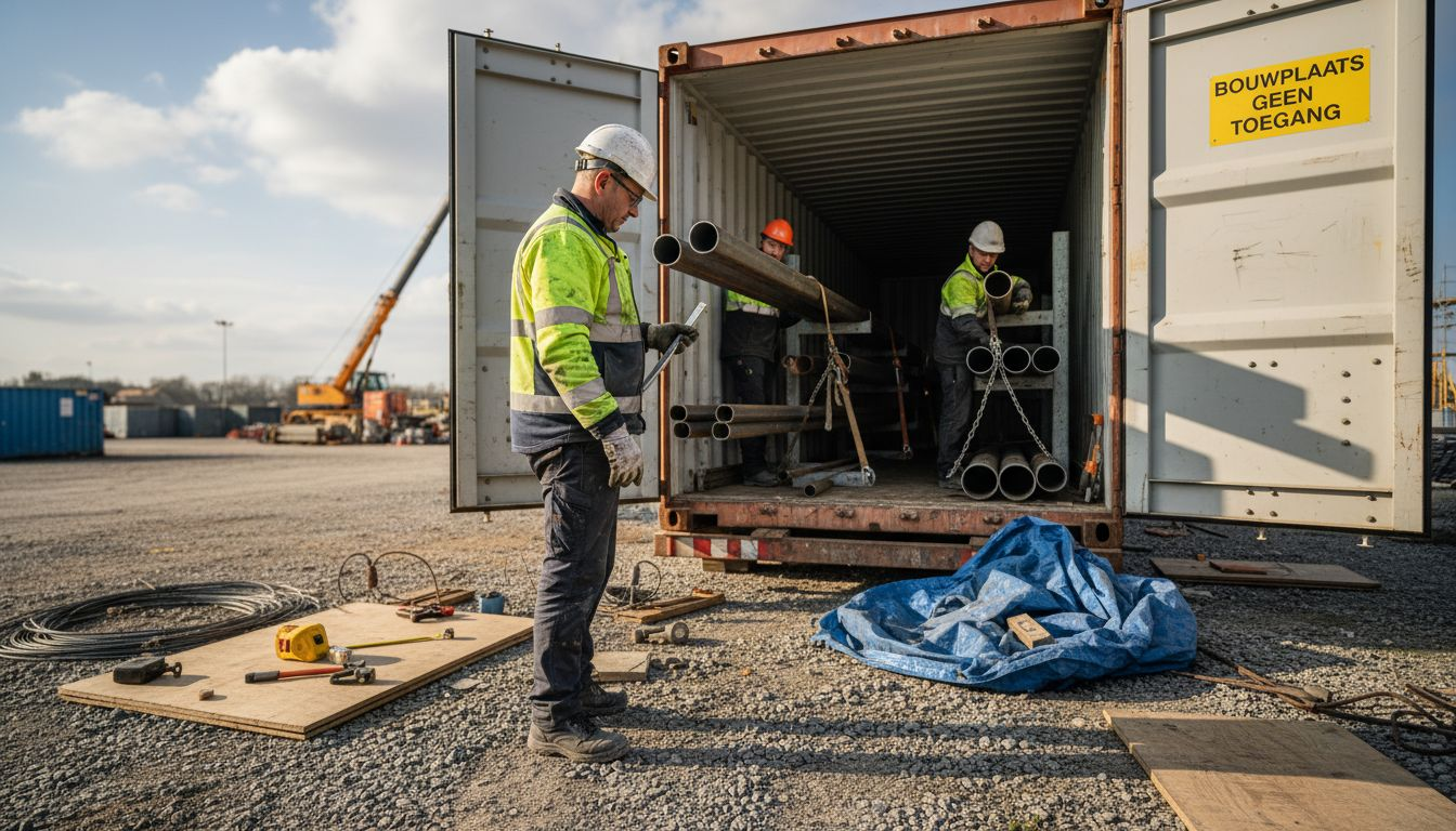 Op de bouwplaats zijn medewerkers bezig een speciale container te laden.
